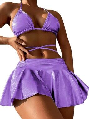 Purple Metallic Bathing Suit Party Rave Bikini With Skirt Size Medium NWOT